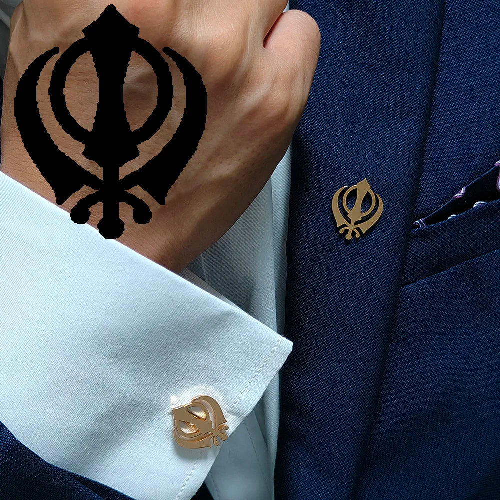 Stainless steel butterfly clasp brooch/cufflink, Sikh symbol badge for men's suit, elegant anti-exposure button for women.