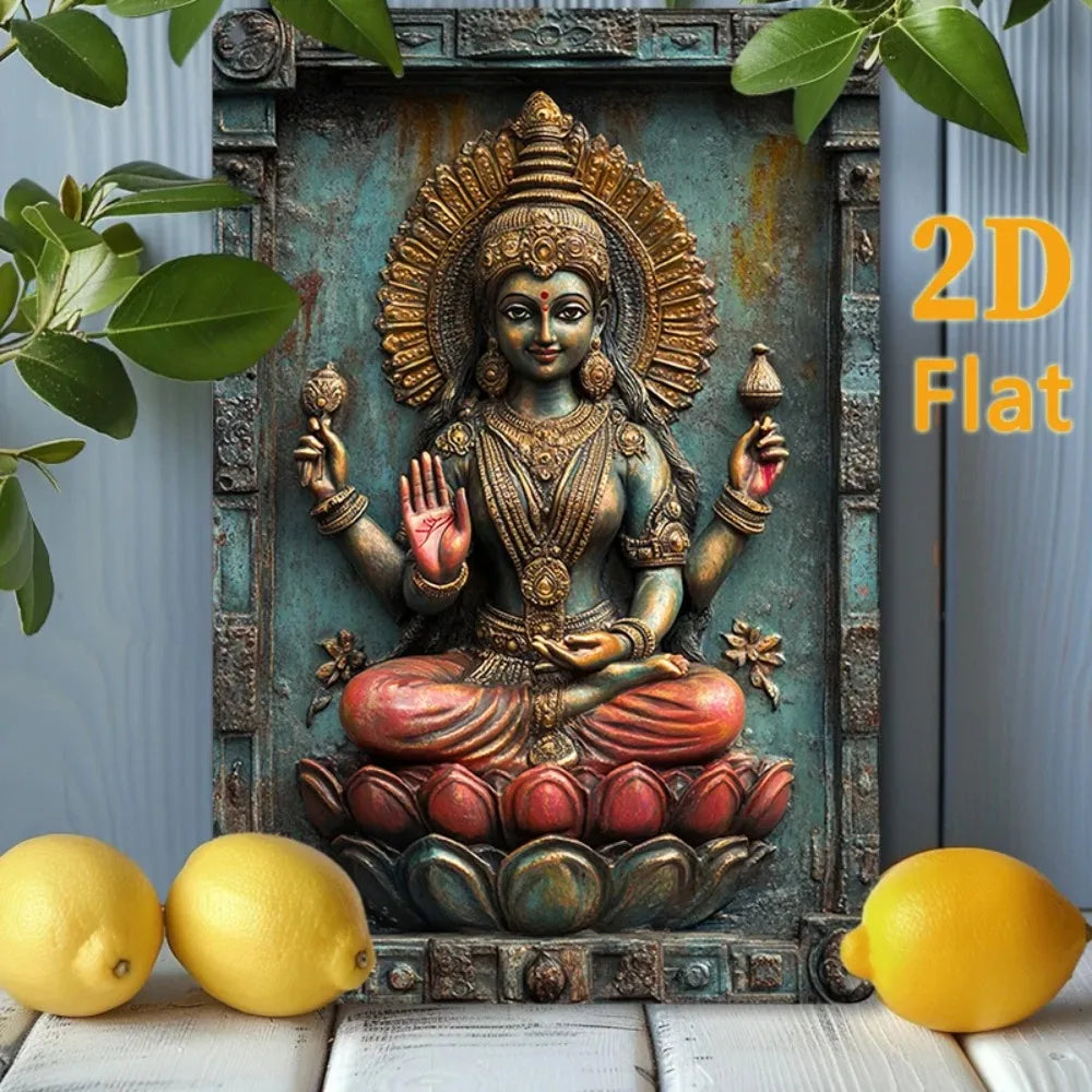 LotusThroneDivine 1pc 2D Aluminum Wall Art - Elegant Goddess Lakshmi on Lotus Throne, Serene Office Decor