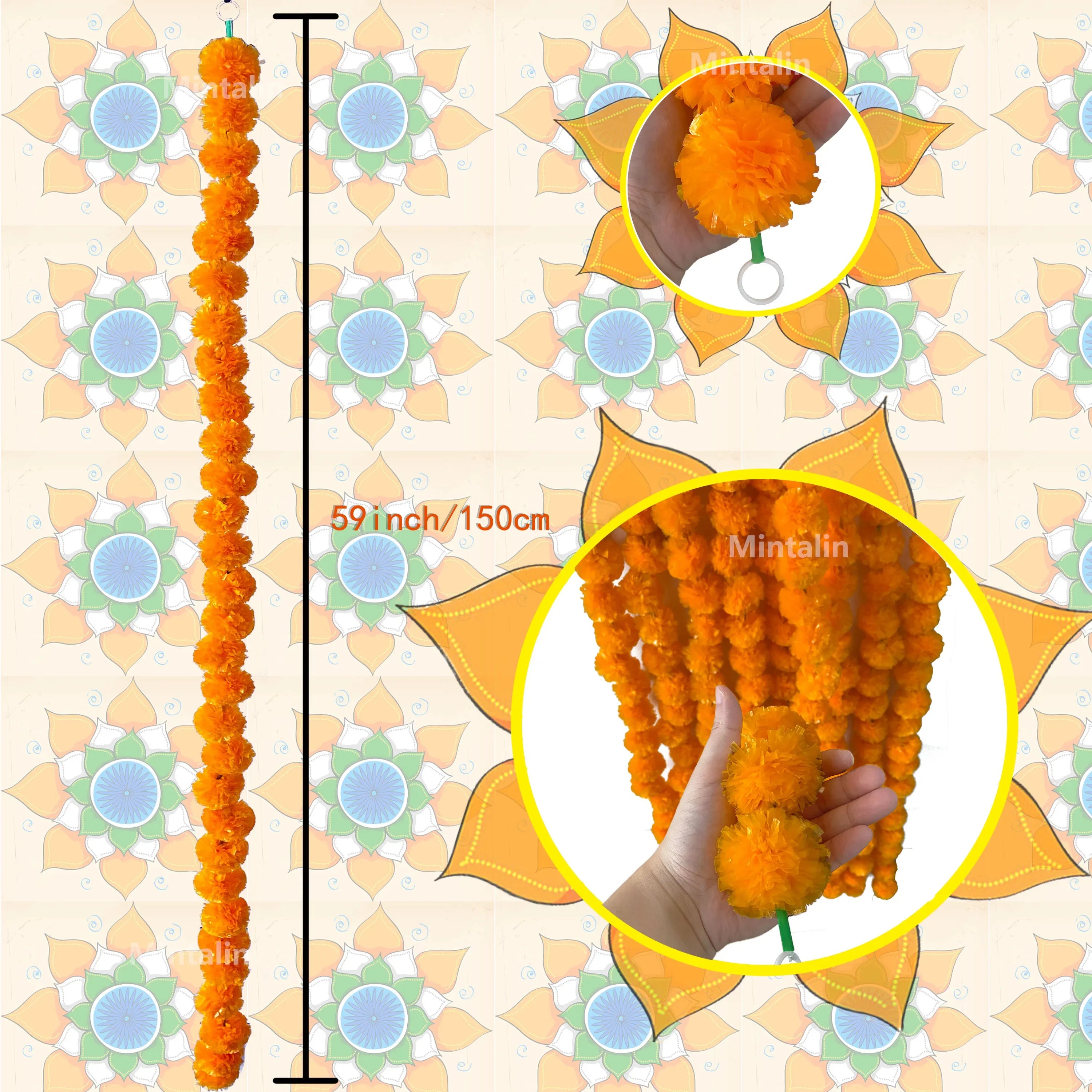 2 Pcs Marigold Flower Garland with бо Flowers for Diwali Mexican Dia de los Muertos DIY Wreath Day of The Dead Decor Party