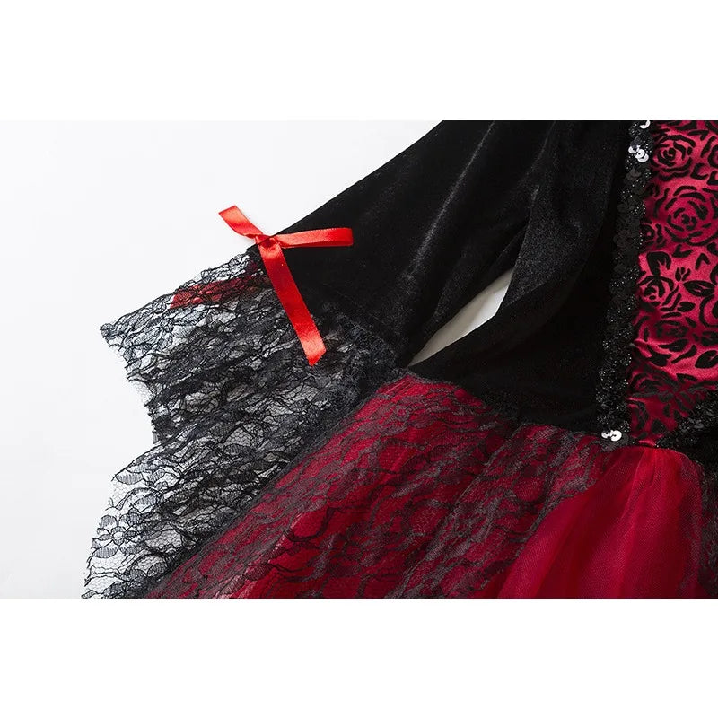 Vampire Halloween Dress for Kid Ghost Bride Gothic Witch Cosplay Costume Carnival Party Black and Red Clothes Dresses for Girls