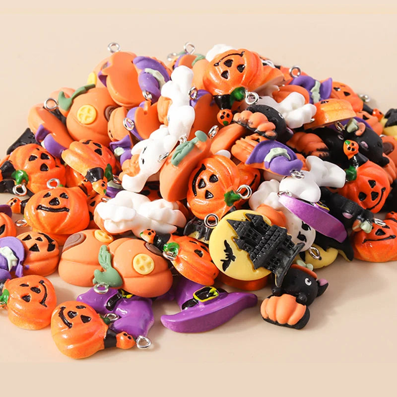 Leslie 10Pcs New Resin Halloween Charms Kawaii Cat Spider Castle Ghost Pumpkin Charms Pendants Decor DIY Earring Jewelry Making
