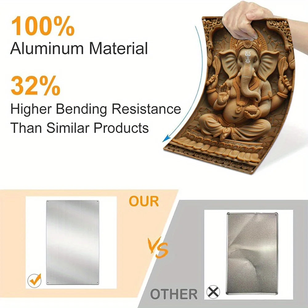 1Pc Ganesha Aluminum Wall Art, 8x12 Inch Moisture Resistant 2D Embossed Hindu Deity Plaque, High Durability Metal