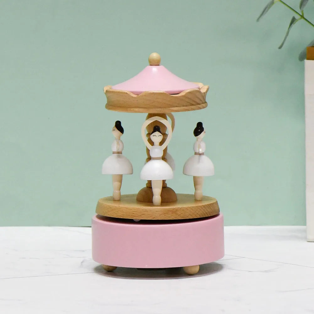 Christmas Gifts Wholesale Logo Engrave Mechanical Wind Up Clockwork Rotating Carousel Ballerina Music Box Wooden For Present