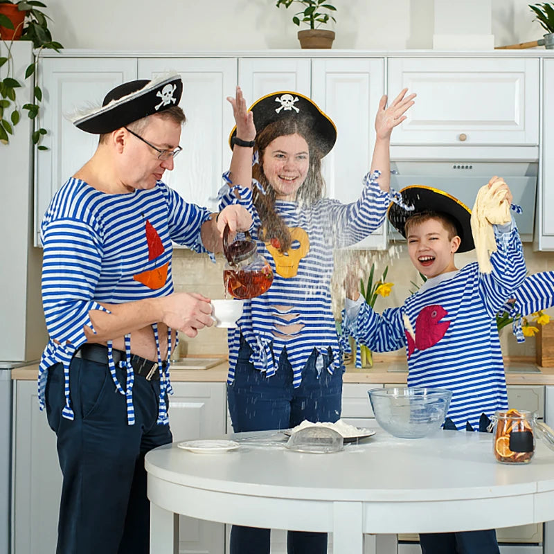 Halloween Pirate Cosplay Party Set Pirate Eye Patches Pirate Flag Skull Print Pirate Captain Costume Cap for Halloween Kids Gift