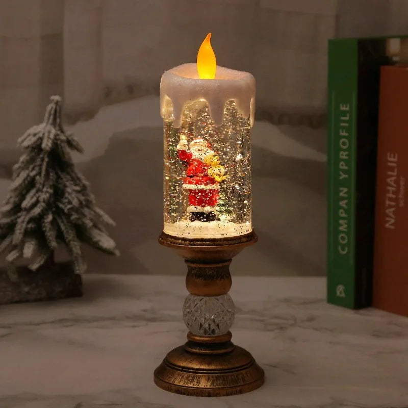 Christmas Decorations Water Filled Candles with Scene Crystal Lights Snowfall Effect Santa Claus Figurine Perfect Holiday Gift