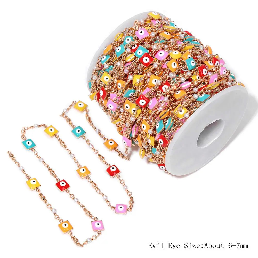 Colorful Evil Eye Beads Chains Stainless Steel Link Pearl Beaded Chains Turkey Eye Link Chain for Necklace Making Jewelry DIY