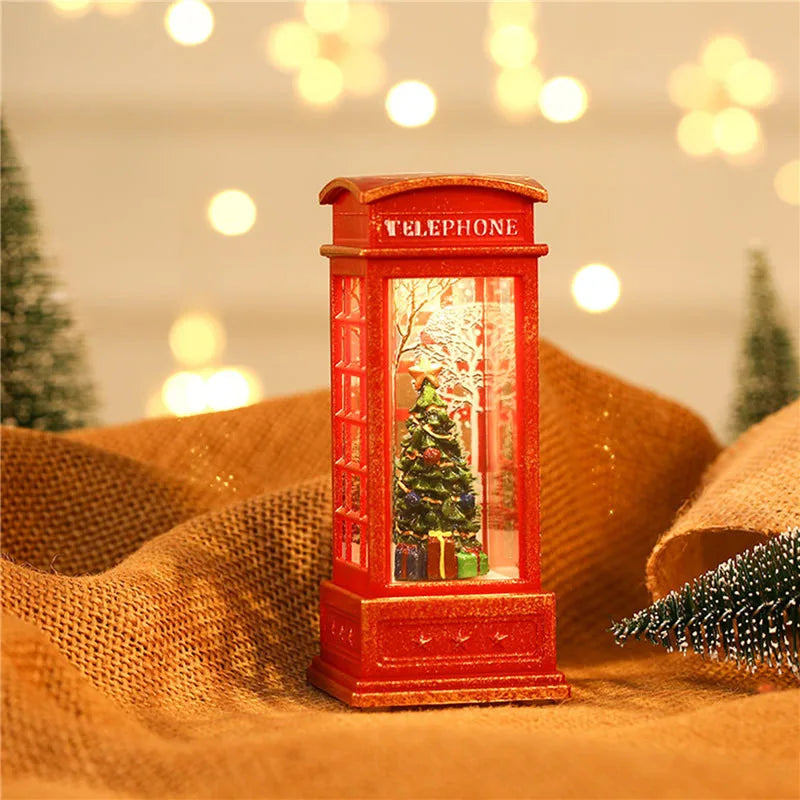 Christmas Decoration Desktop Ornament Luminous Telephone Booth With Snow Globes Spinning Water Swirling Glitter For Home Holiday