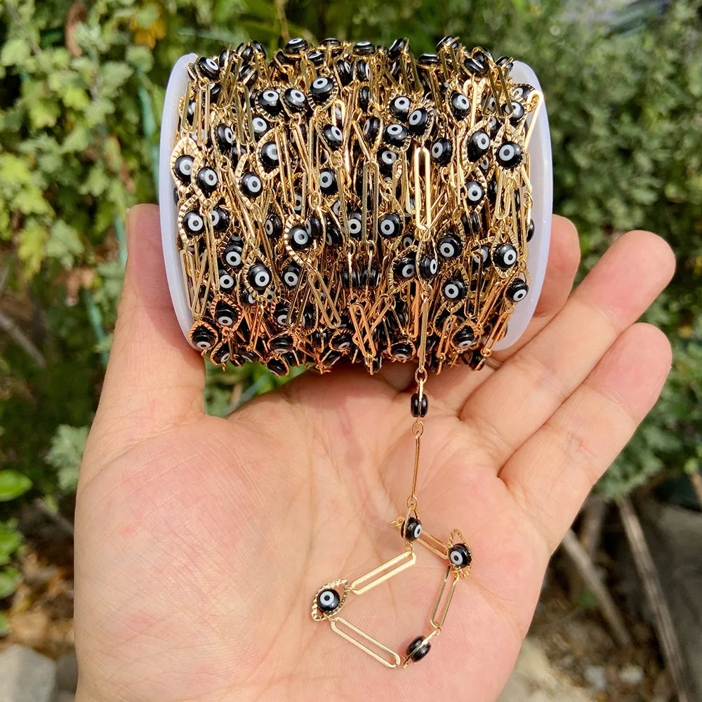 Colorful Evil Eye Beads Chains Stainless Steel Link Pearl Beaded Chains Turkey Eye Link Chain for Necklace Making Jewelry DIY