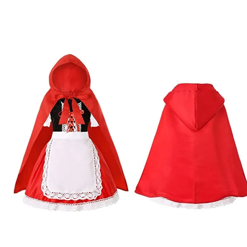 Girls Little Red Riding Hood Cosplay Children's Costume Princess Halloween Dress Headband + Pumpkin Bag Set Dresses for Girls