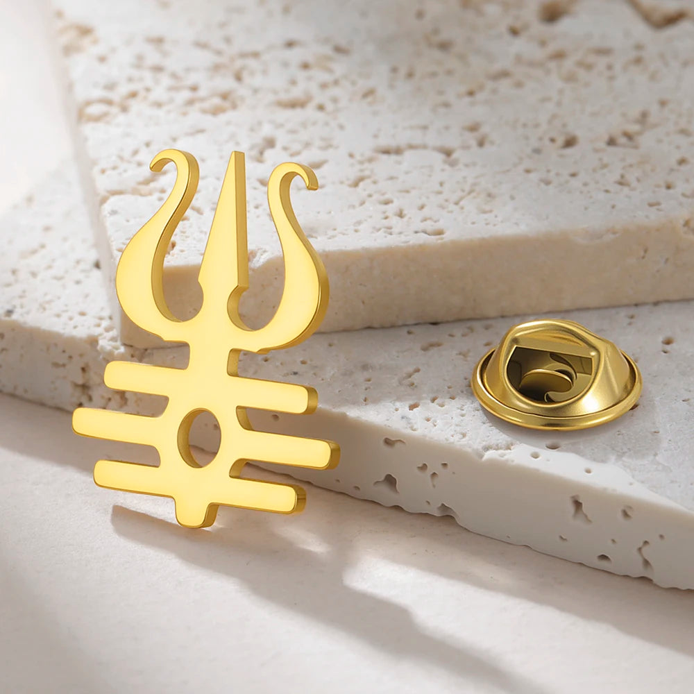 Dawapara Lord Shiva Trident Brooch Mantra Buddhism Hindu God Blessing Symbol Lapel Pins Stainless Steel Jewelry