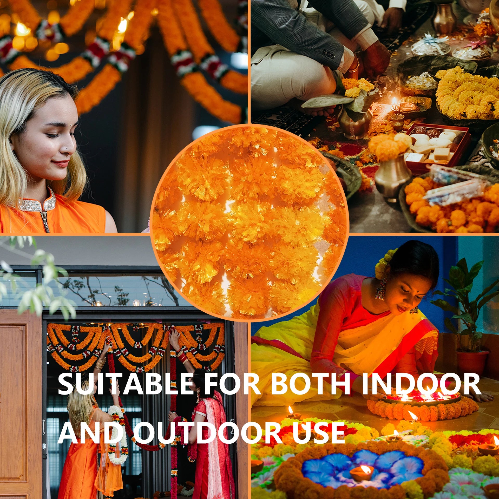 2 Pcs Marigold Flower Garland with бо Flowers for Diwali Mexican Dia de los Muertos DIY Wreath Day of The Dead Decor Party