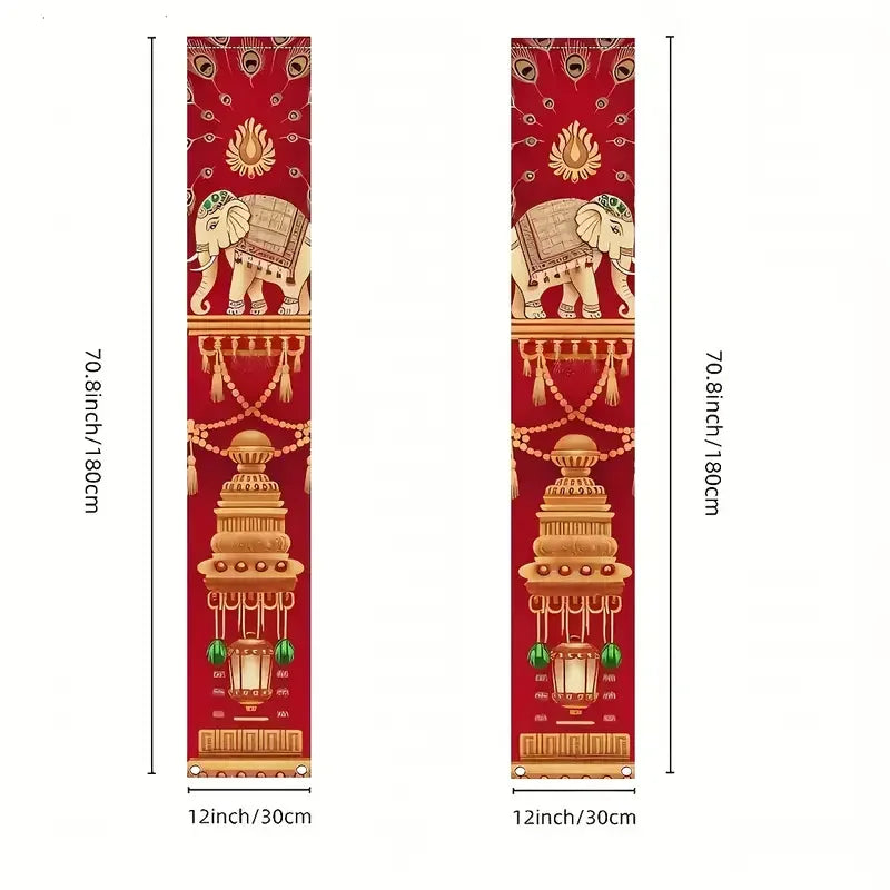 VIKAMA2pcs Diwali Porch Banner with Exotic Elephant Motifs Suitable for Indian Diwali Outdoor Courtyard Door Curtain Decorations