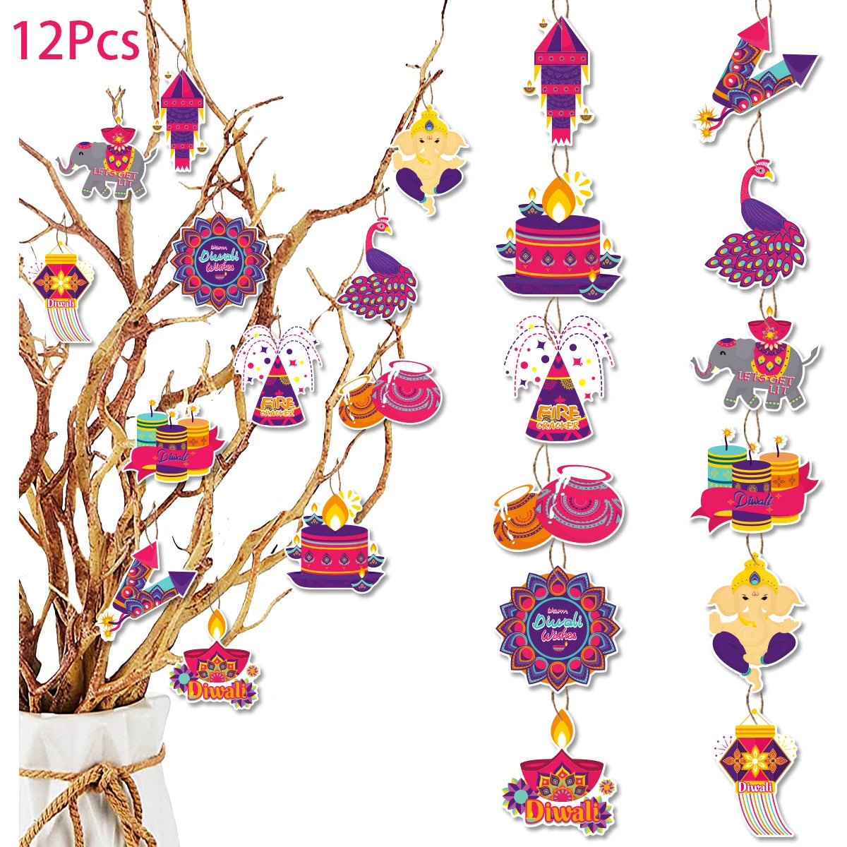 12Pcs/Bag Happy Diwali Theme Paper Tree Pendant Banner Hangers Background for India Diwali Festival Party Decoration