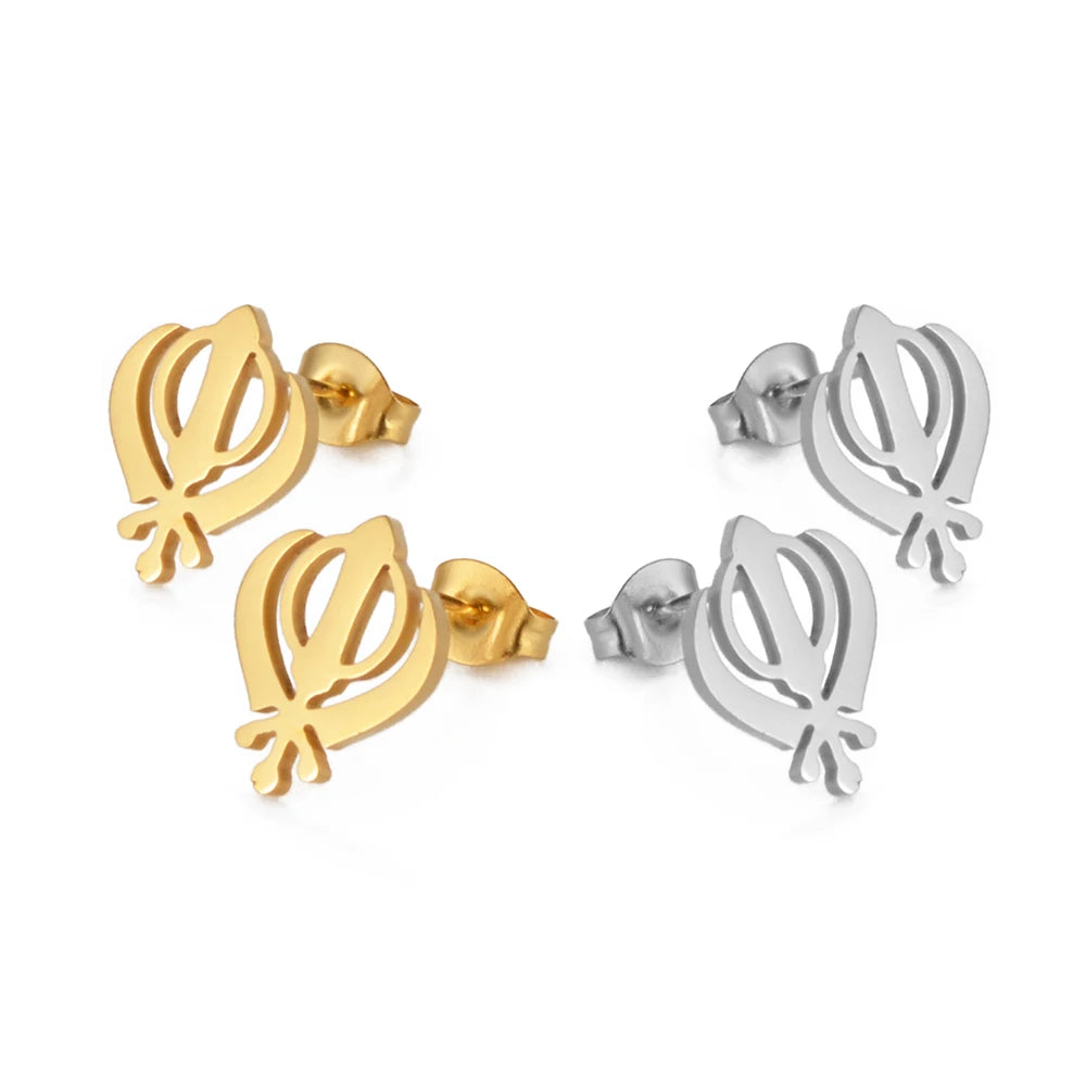 Anniyo Sikhism Stud Earrings Stainless Steel Sikh Khanda Jewelry India Pakistan Malaysia Punjab Religious @363521