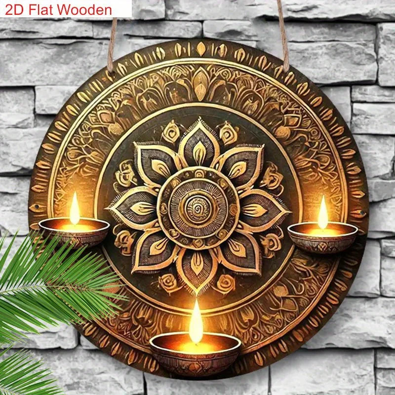 2D Flat ， Traditional Oil Lamp And Artistic Painted Design Happy Diwali Round Sign for Decorating Home