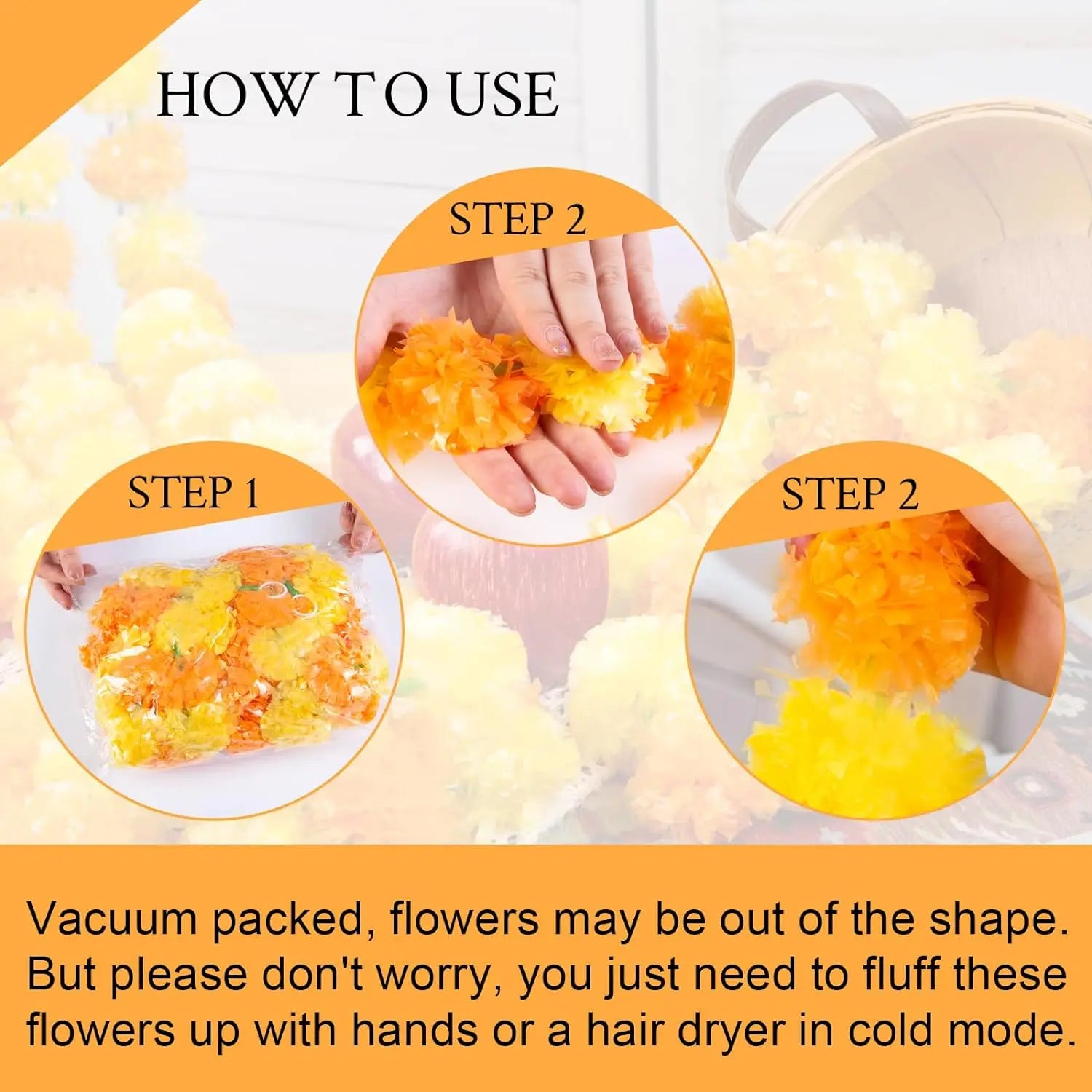 Marigold Garland for Decoration 10 Pcs of 5 feet (1,52 m)˜ Long Strands Artificial Marigold Flowers, Indian Décor for Pooja