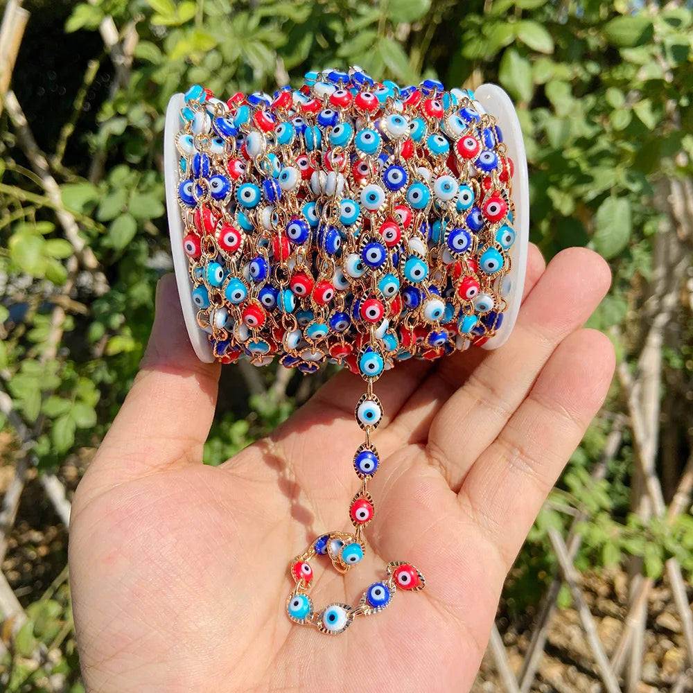 Colorful Evil Eye Beads Chains Stainless Steel Link Pearl Beaded Chains Turkey Eye Link Chain for Necklace Making Jewelry DIY