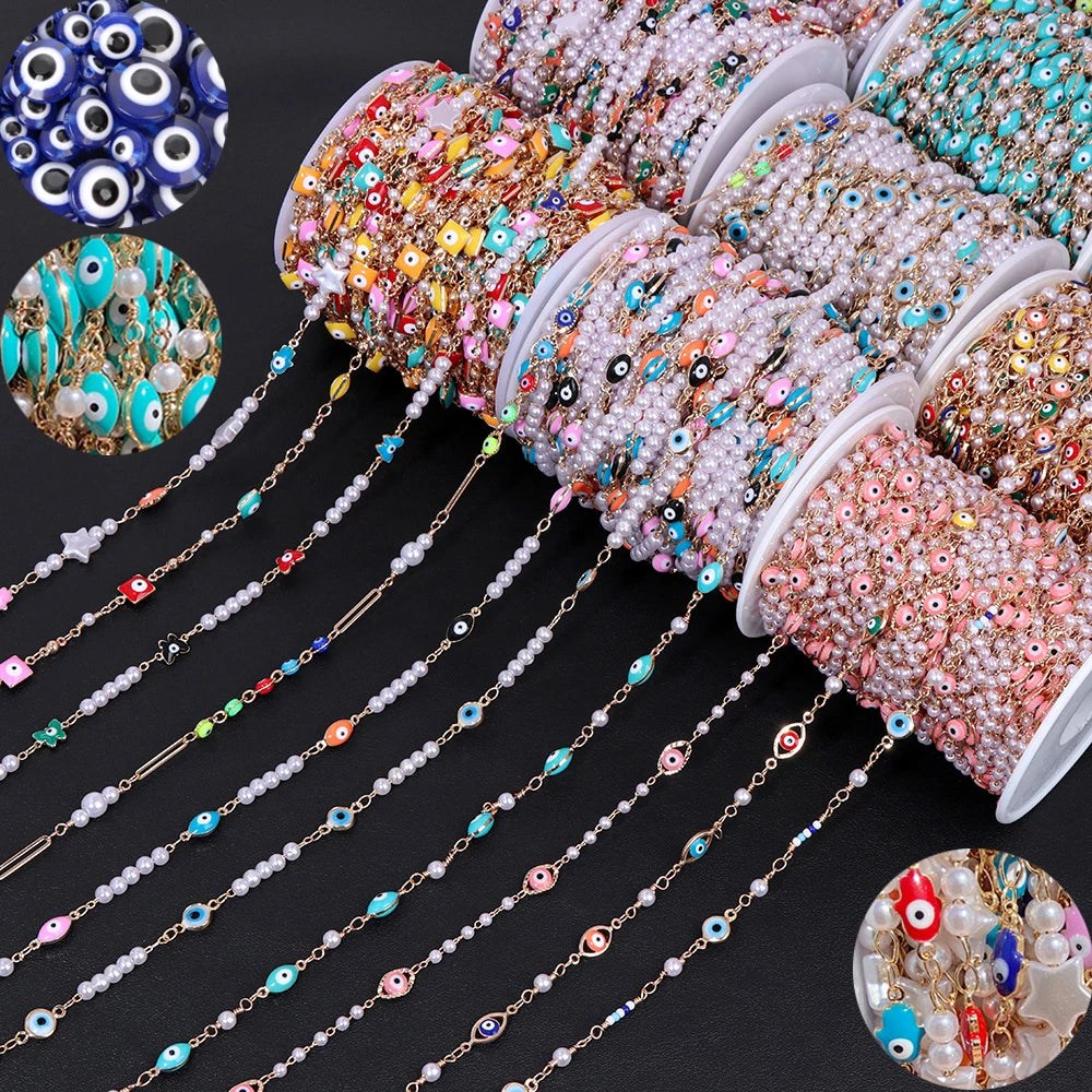 Colorful Evil Eye Beads Chains Stainless Steel Link Pearl Beaded Chains Turkey Eye Link Chain for Necklace Making Jewelry DIY