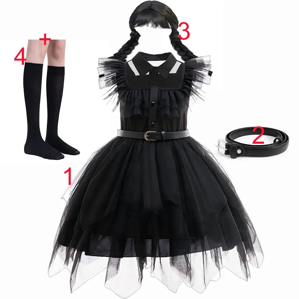 2025 Movie Weirdo Wensday Role Play Costume with Belt Wed. Season 2 Girl Prom Gown Soft Frock Gothic Black Adams Halloween Dress