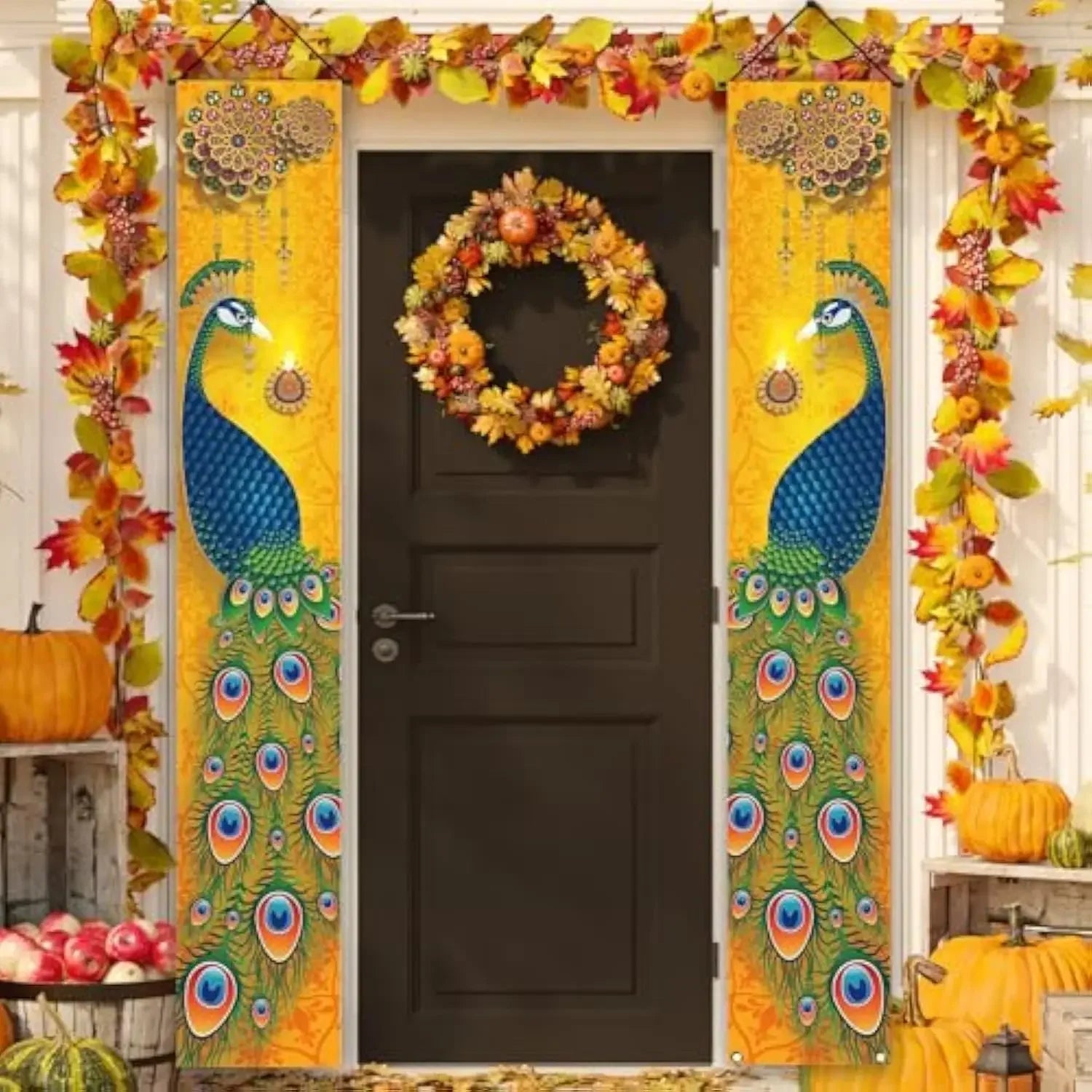 A Pair Of Diwali Porch Banners, Indian Diwali Peacock Front Door Welcome Signs, Party Decorations, Durable Polyester Fibre