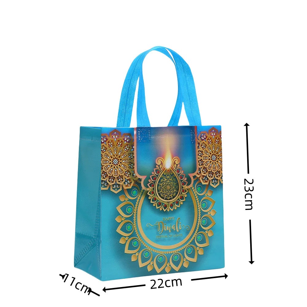 LPZHI Happy Diwali Festival of Lights Nonwoven Gift Tote Bag with Colorful Diya Print for Party Favors Return Gifts
