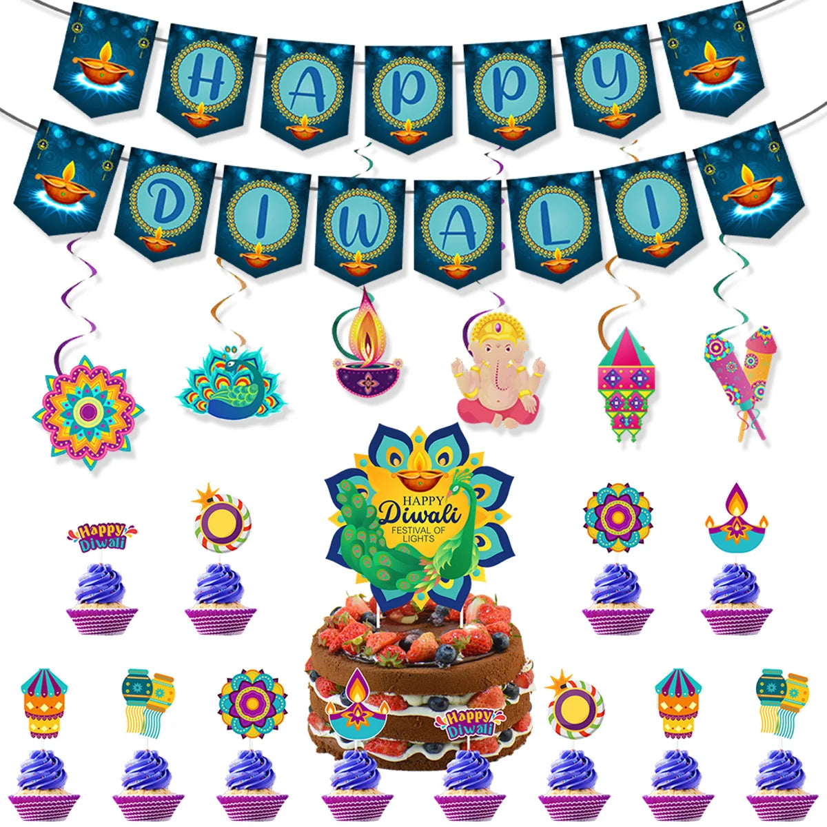 Happy Diwali Party Banner Spiral Banner Swirl Hanging Garland Cupcake Topper for India Diwali Festival Theme Party Decoration