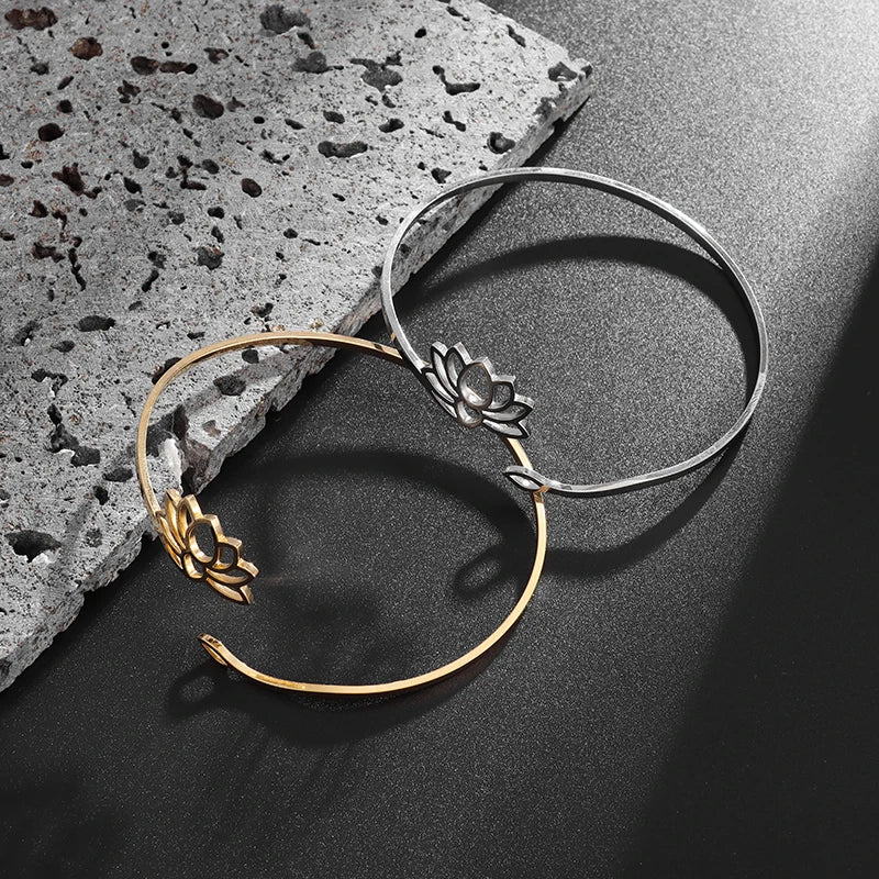 Stainless Steel Hindu Lotus Mandala Open Bracelet Women Fashion Cuff Bangle Casual Sports Yoga Jewelry