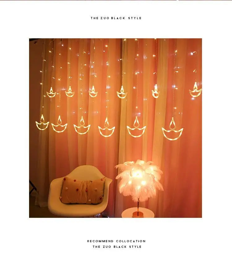 Diwali String Lights Usb Plug Diya Curtain Light Festival Lamp for Wall Window Bedroom Decor Indoor Outdoor Eid al-Fitr Muslims