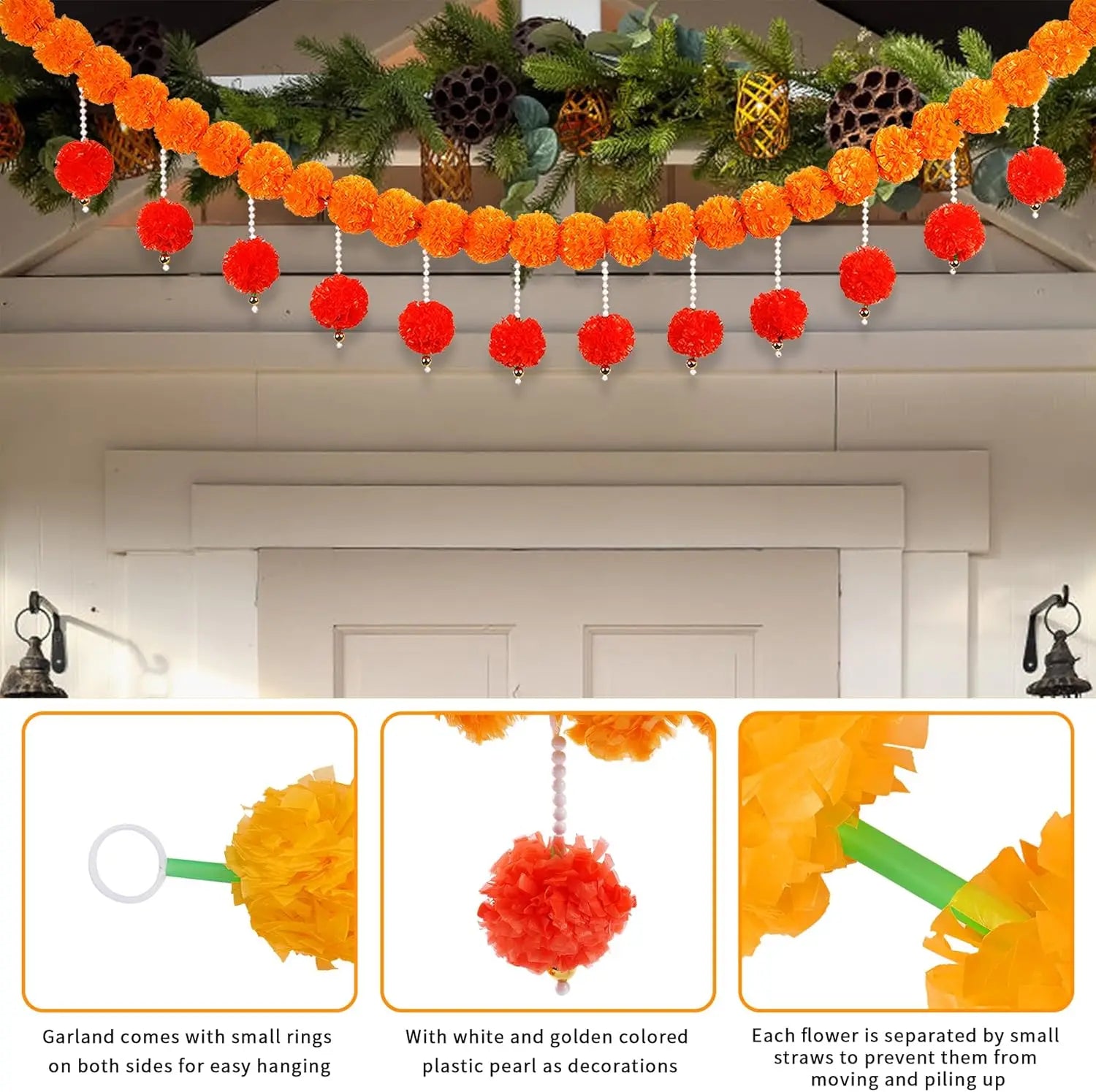 2-10pcs Marigold Flower Garland For Decoration Artificial Flower Garland Pooja, Diwali,Mexican Party ,Day of The Dead Decor