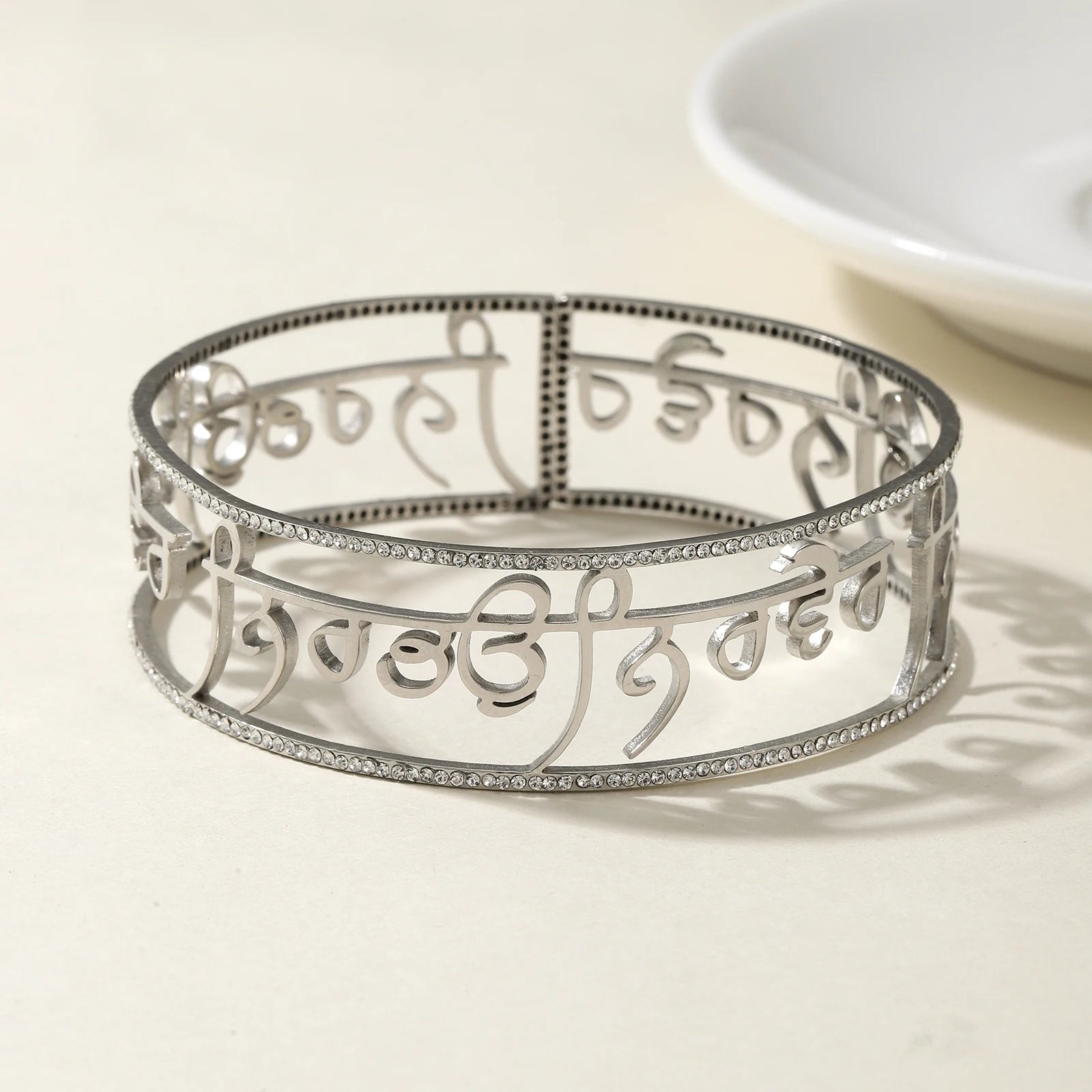 Punjabi Sikh Ice Crystal Zirconia Gold Bracelet Gift 18K Stainless Steel Bracelet Believer Faith Unique Symbol Religious Jewelry