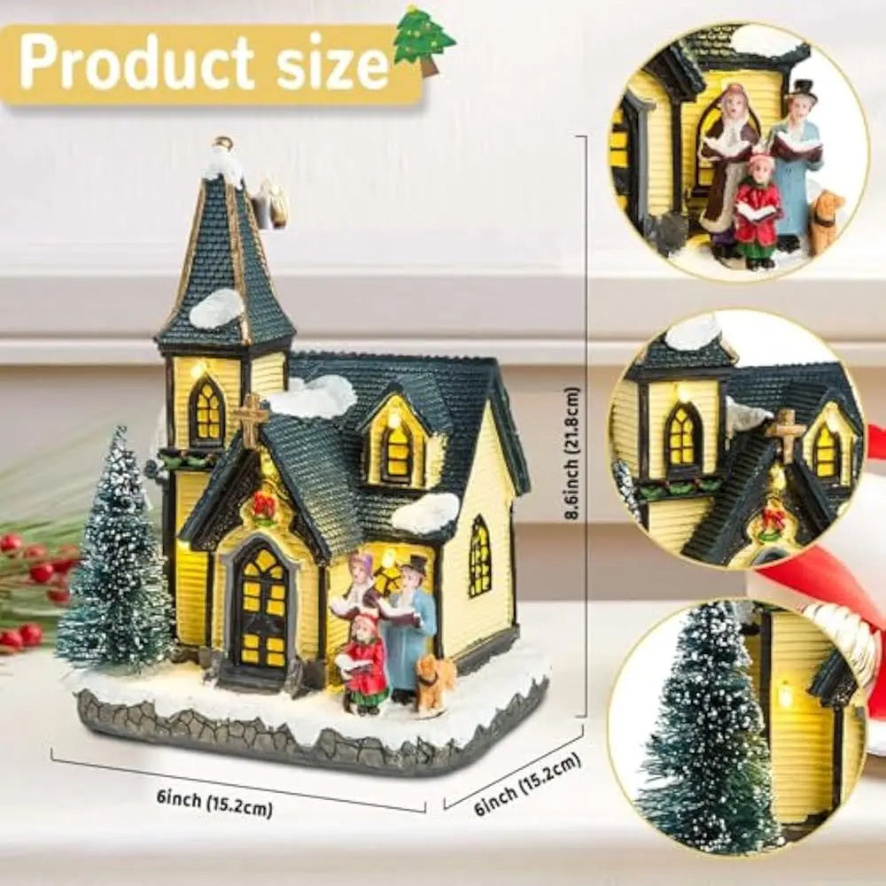 Christmas Church Snow Village House LED Lights Choir Figurines Collectible Building Indoor Holiday Decoration for Home Fireplace