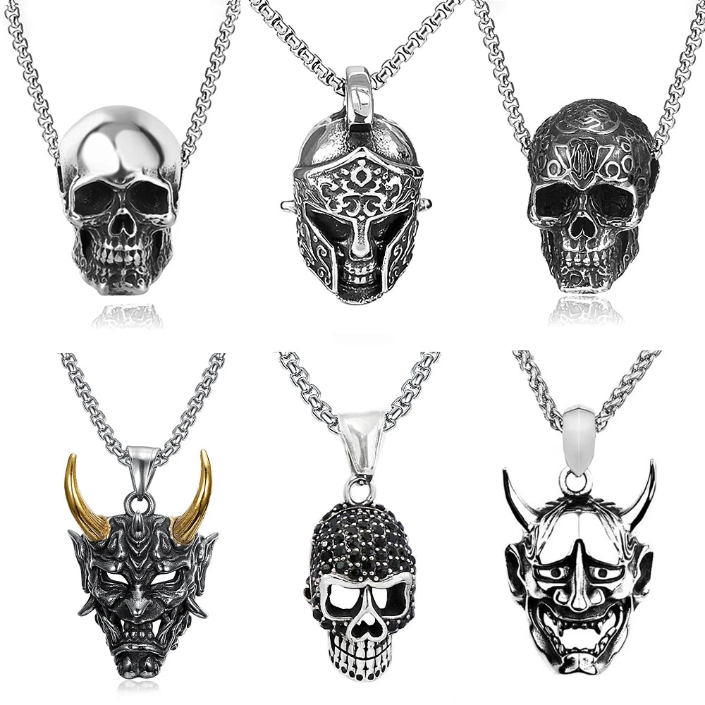 Gothic Hip Hop Skull Pendant Necklaces For Men Stainless Steel Punk Fashion Skeleton Necklace Halloween Jewelry Gifts Wholesale