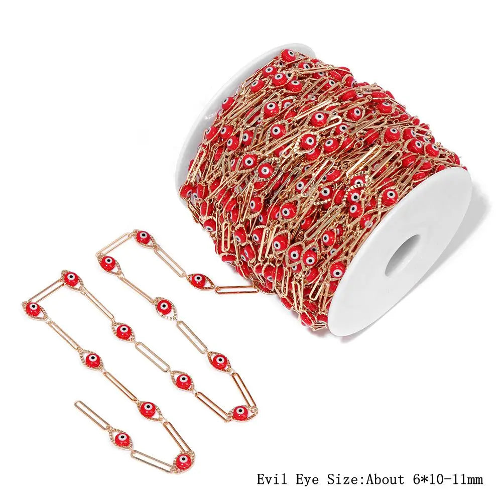 Colorful Evil Eye Beads Chains Stainless Steel Link Pearl Beaded Chains Turkey Eye Link Chain for Necklace Making Jewelry DIY