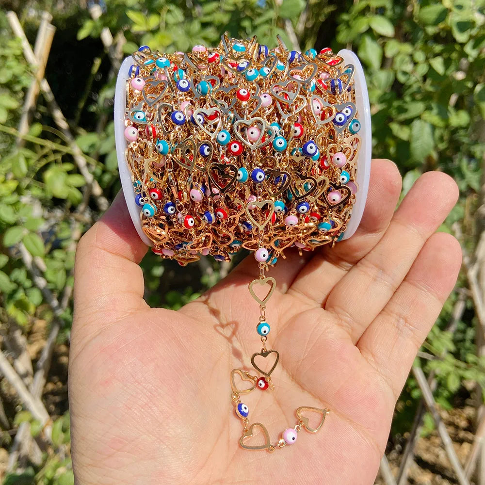 Colorful Evil Eye Beads Chains Stainless Steel Link Pearl Beaded Chains Turkey Eye Link Chain for Necklace Making Jewelry DIY