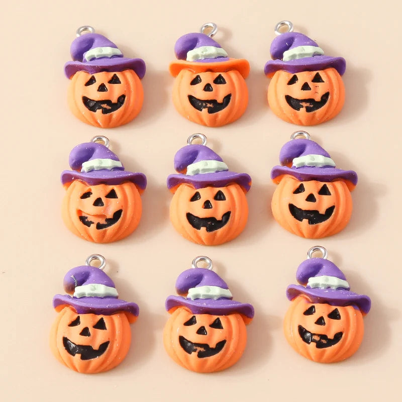 Leslie 10Pcs New Resin Halloween Charms Kawaii Cat Spider Castle Ghost Pumpkin Charms Pendants Decor DIY Earring Jewelry Making