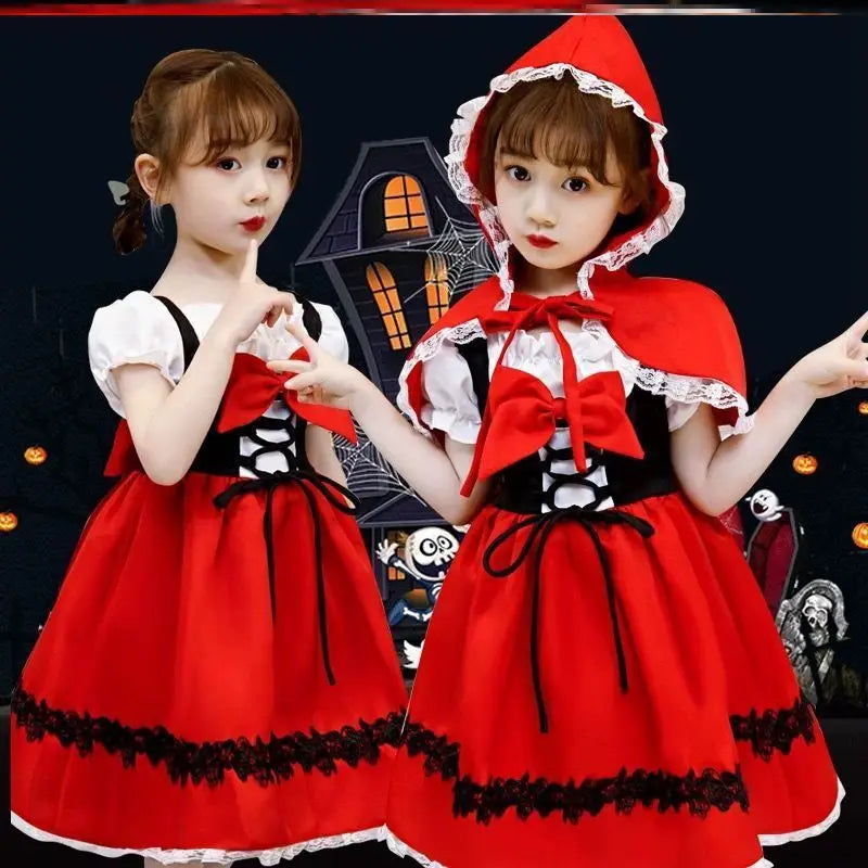 Girls Little Red Riding Hood Cosplay Children's Costume Princess Halloween Dress Headband + Pumpkin Bag Set Dresses for Girls