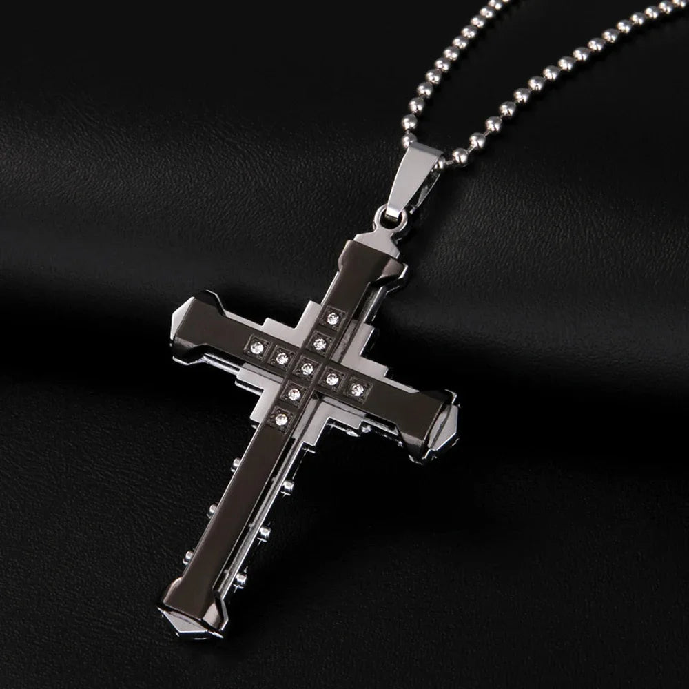 2024 New Male Crystal Cross Jesus Pendant Gold/Black/Blue Color Zirconia Cross Pendant Necklace Stainless Steel Jewelry