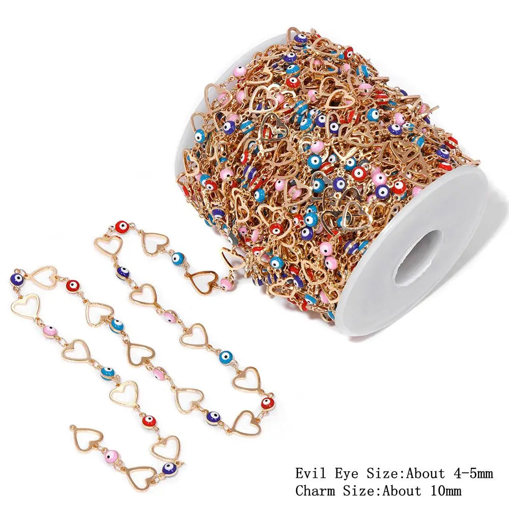 Colorful Evil Eye Beads Chains Stainless Steel Link Pearl Beaded Chains Turkey Eye Link Chain for Necklace Making Jewelry DIY
