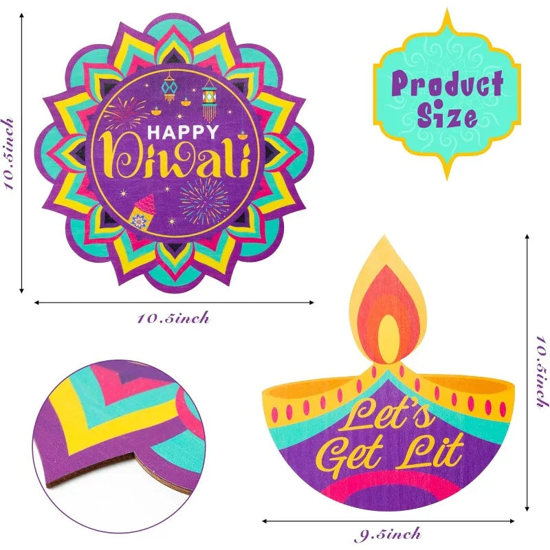 2Pcs Wooden Diwali Door Sign - 'Happy Diwali' Hanging Plaque with Rope for Indian Festival Decor, Wall Welcome Decorations