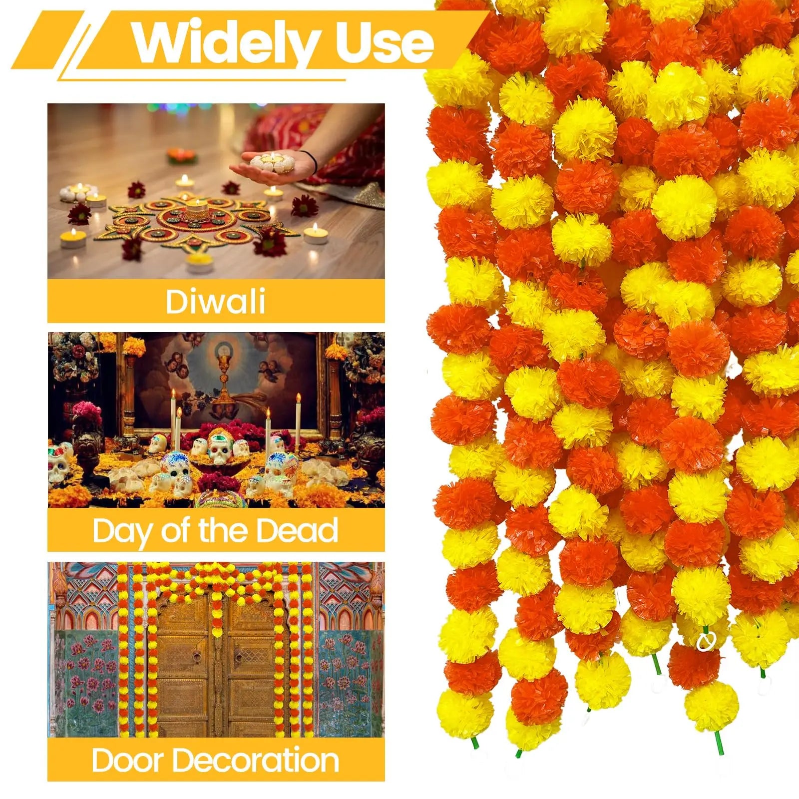 5-50pcs Marigold Garland For Decoration 5 Ft Artificial Flower Garland Mexican Fiesta Day of The Dead/Diwali Pooja Decor/Wedding