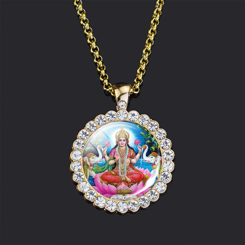 Shiva Parvati Necklace Hindu God Jewelry Vishnu Lakshmi Glass Rhinestone Pendant Chain Necklace Hinduism Jewelry