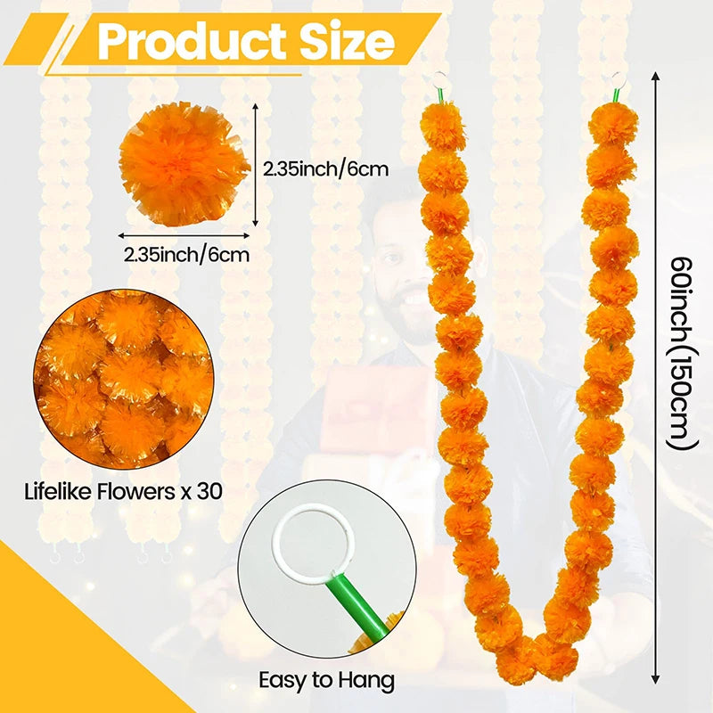 5-50pcs Marigold Flower Garland For Decoration 5 ft Artificial Flowers Mexican Diwali Indian Wedding Party Pooja Day of The Dead
