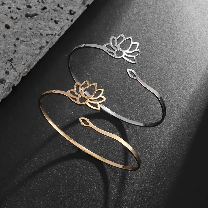 Stainless Steel Hindu Lotus Mandala Open Bracelet Women Fashion Cuff Bangle Casual Sports Yoga Jewelry