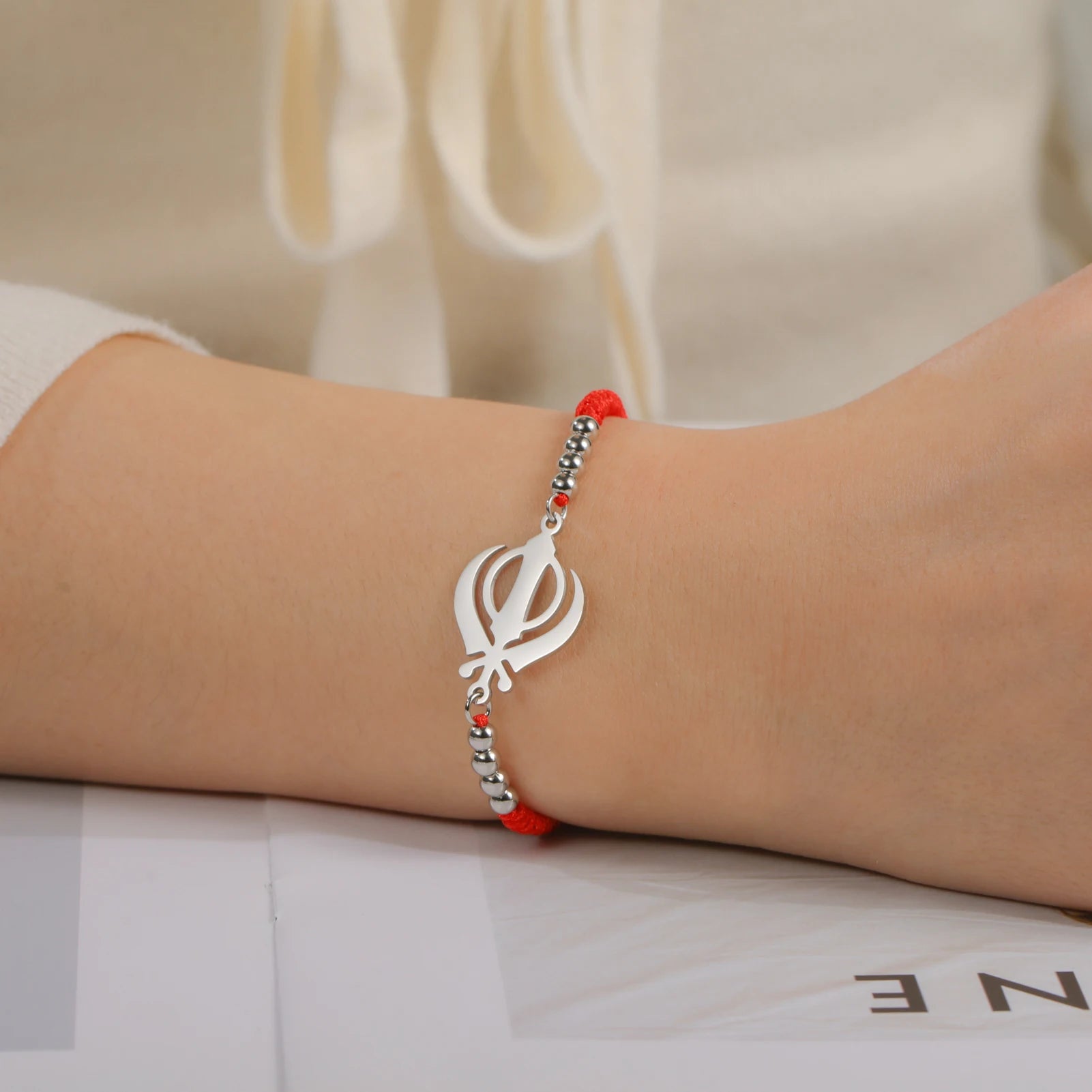 LIKGREAT Sikhism Adjustable Rope Bracelets for Women Men Stainless Steel Sikh Khanda Indian Pakistan Punjab Religious Jewelry