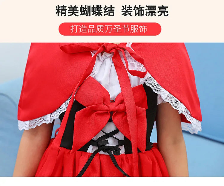 Girls Little Red Riding Hood Cosplay Children's Costume Princess Halloween Dress Headband + Pumpkin Bag Set Dresses for Girls