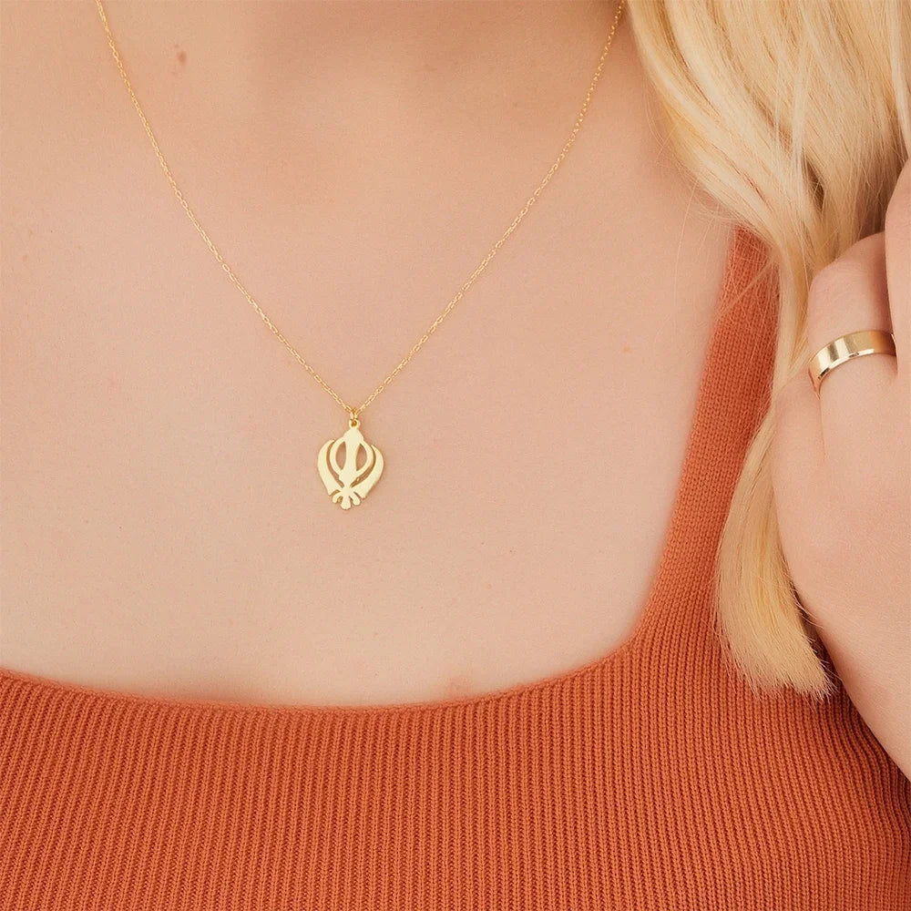 Classic Sikhism Symbol Necklaces Stainless Steel Indian Religious Amulet Khanda Faith Gift Sikh Khanda Pendant Jewelry for Women