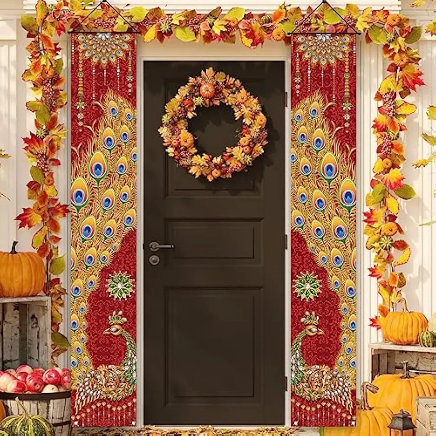 A Pair Of Diwali Porch Banners, Indian Diwali Peacock Front Door Welcome Signs, Party Decorations, Durable Polyester Fibre