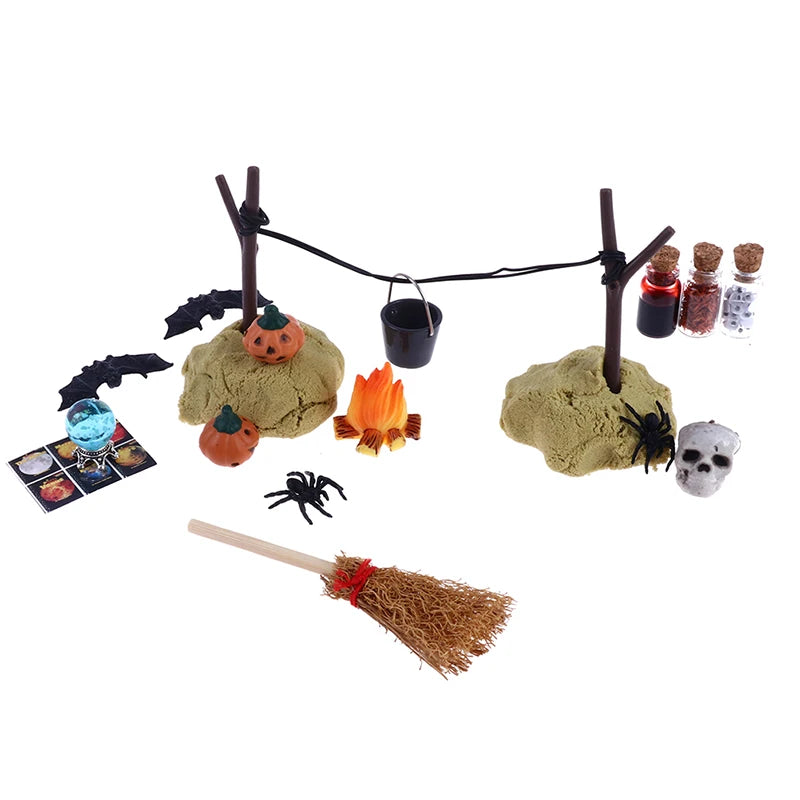 1Set 1:12 Dollhouse Halloween Horror Decor Toy Bat Skull Broom Spider Ornament Outdoor Decoration
