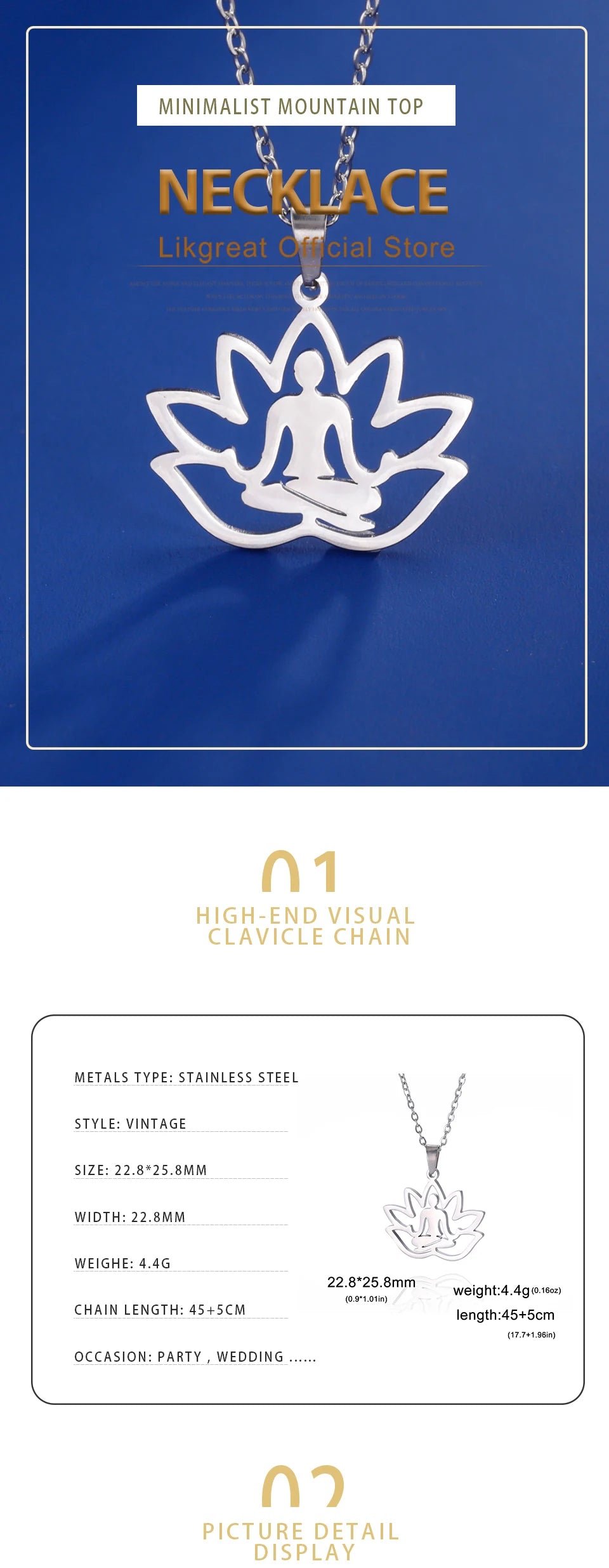 LIKGREAT Hindu Buddhism Meditation Necklace Stainless Steel Yoga Lotus Flower Necklaces Amulet Jewelry Gift