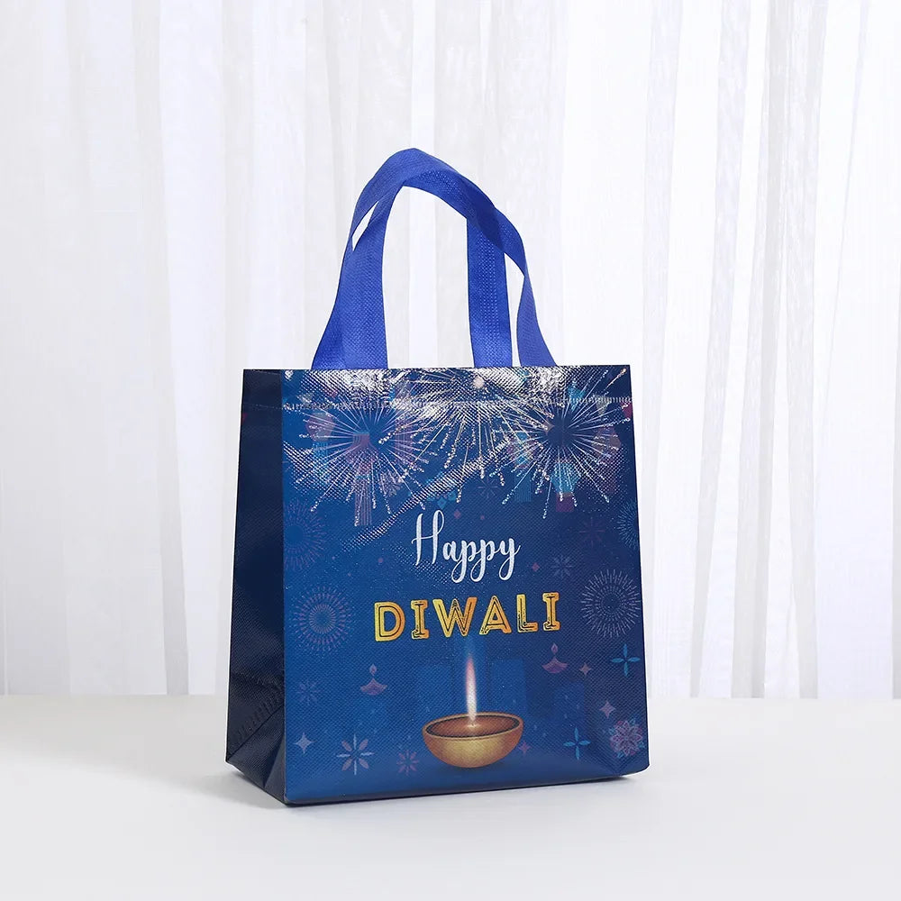 8Pcs Happy Diwali Theme Gift Packing Bag Non-Woven Shopping Tote Bag for India Diwali Festival Party Favors Bag Decoration